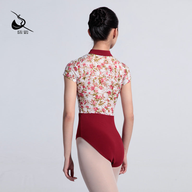 Zip Front Chinese Collar Lace Ballet Leotard